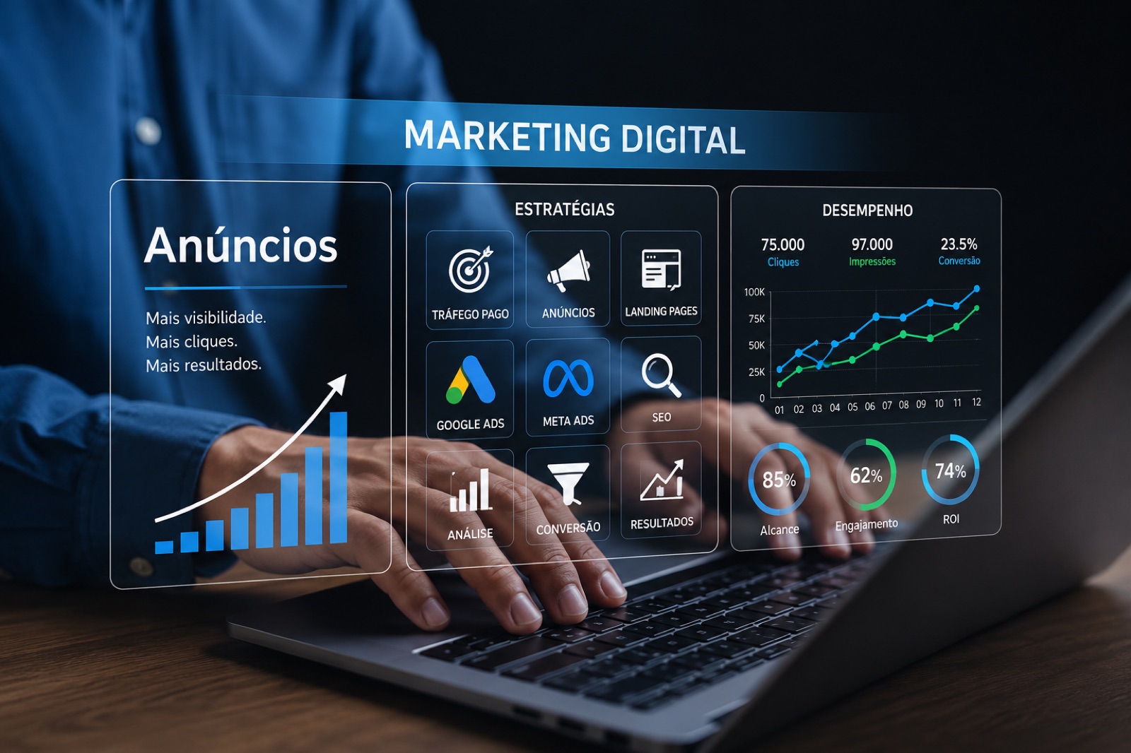 Ilustração de estratégias de marketing digital: tráfego pago, anúncios e conversão